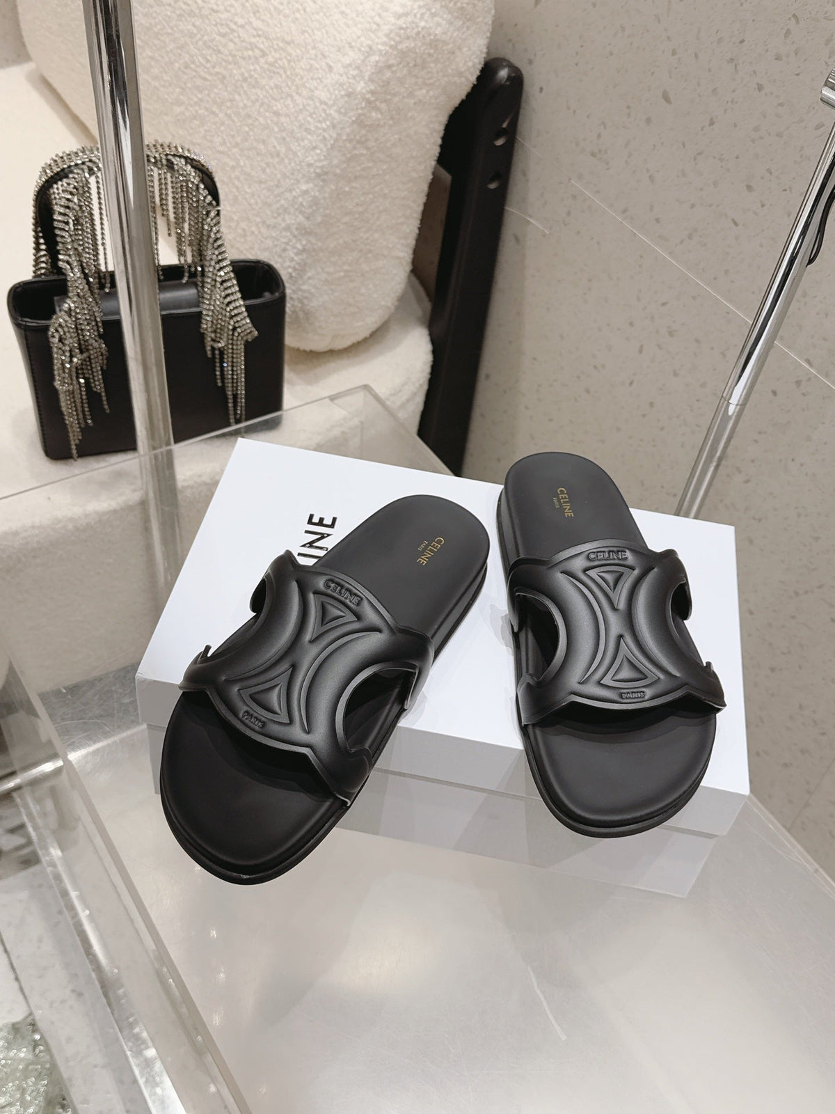 Celine 26s Triomphe Slides Black Calfskin 714052