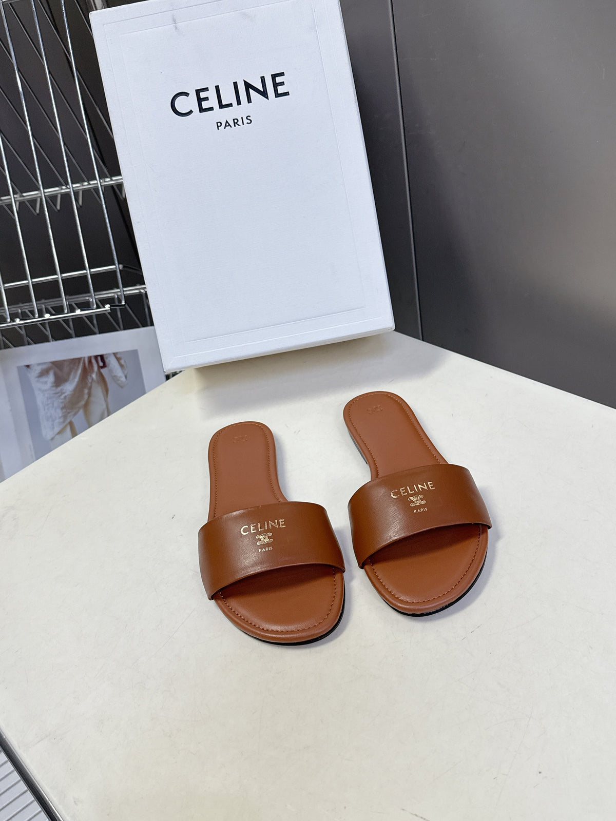 Celine 26s Flat Slides Caramel Brown Lambskin 714953