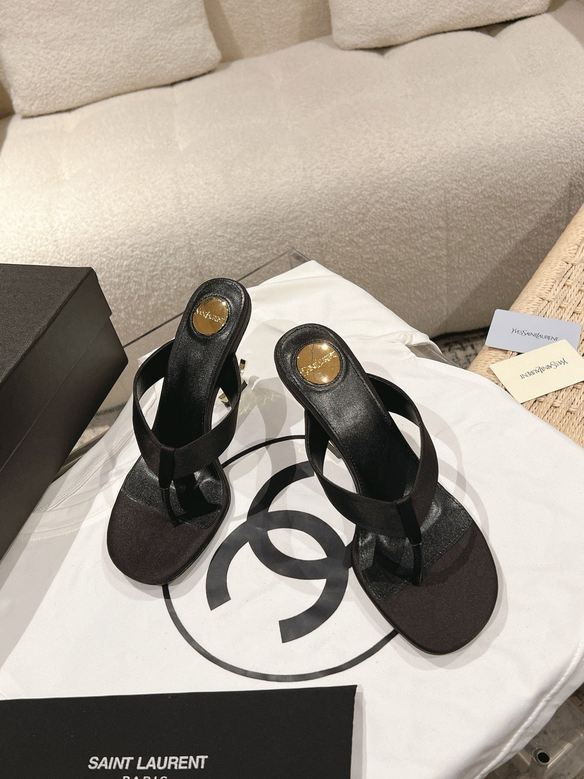 YSL 26S Heeled Thong Sandals 8.5cm Black Satin