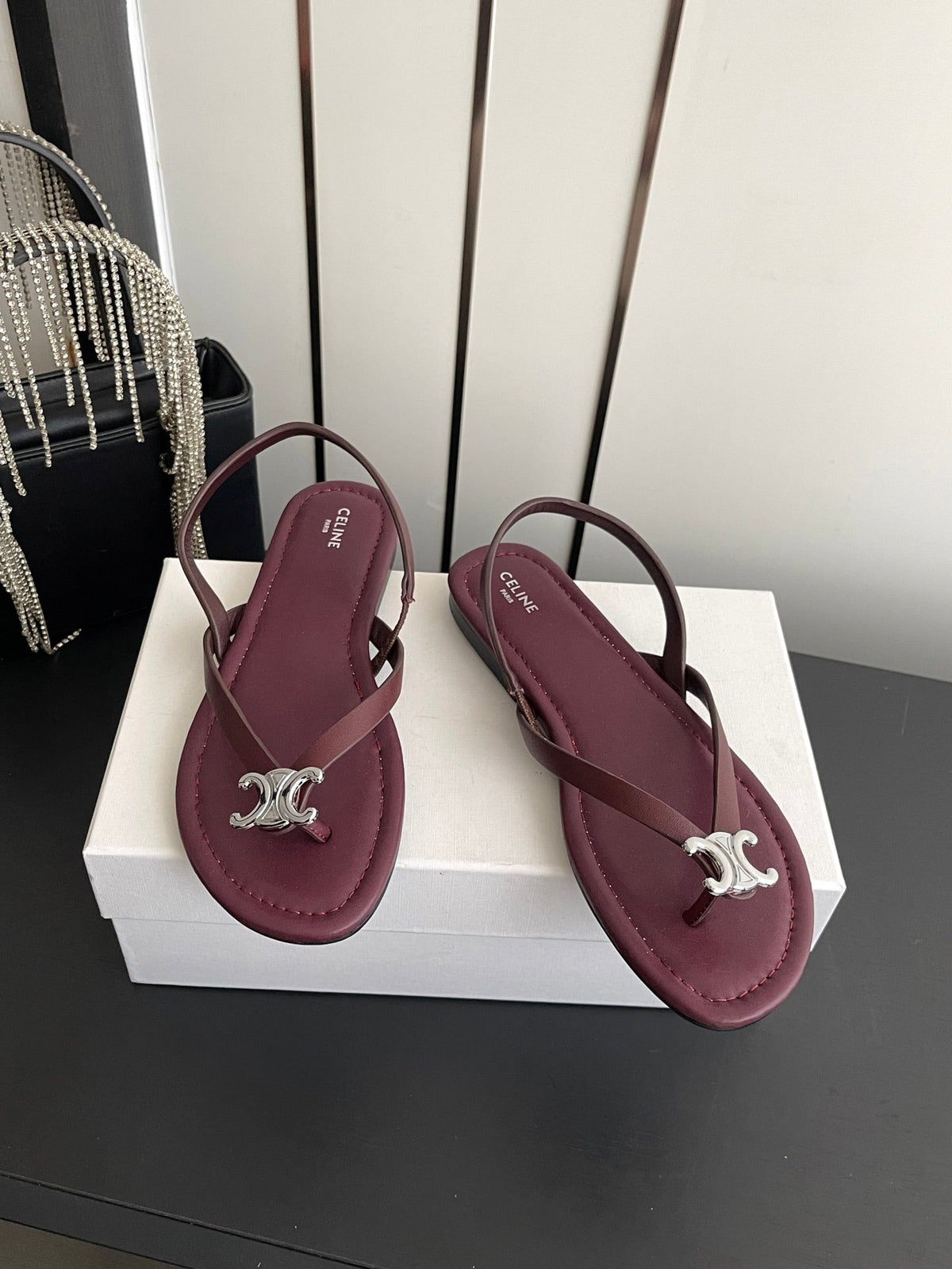 Celine 26s Thong Sandals Dark Red Calfskin 538164