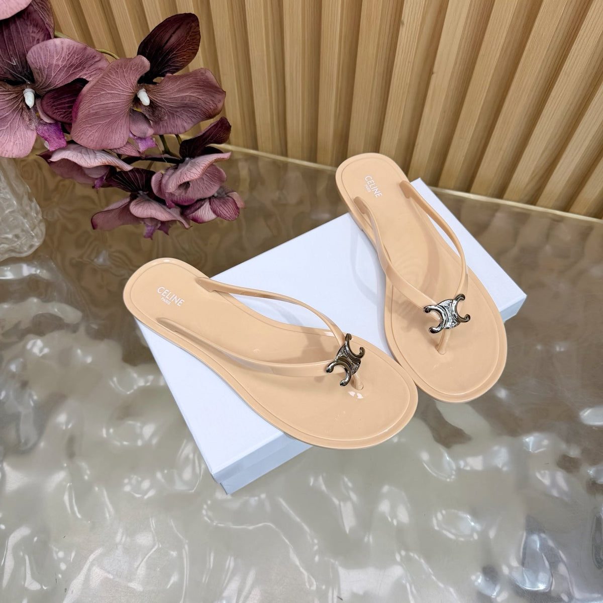 Celine 26s Triomphe Thong Sandals Nude Beige TPU Silver Hardware 249715