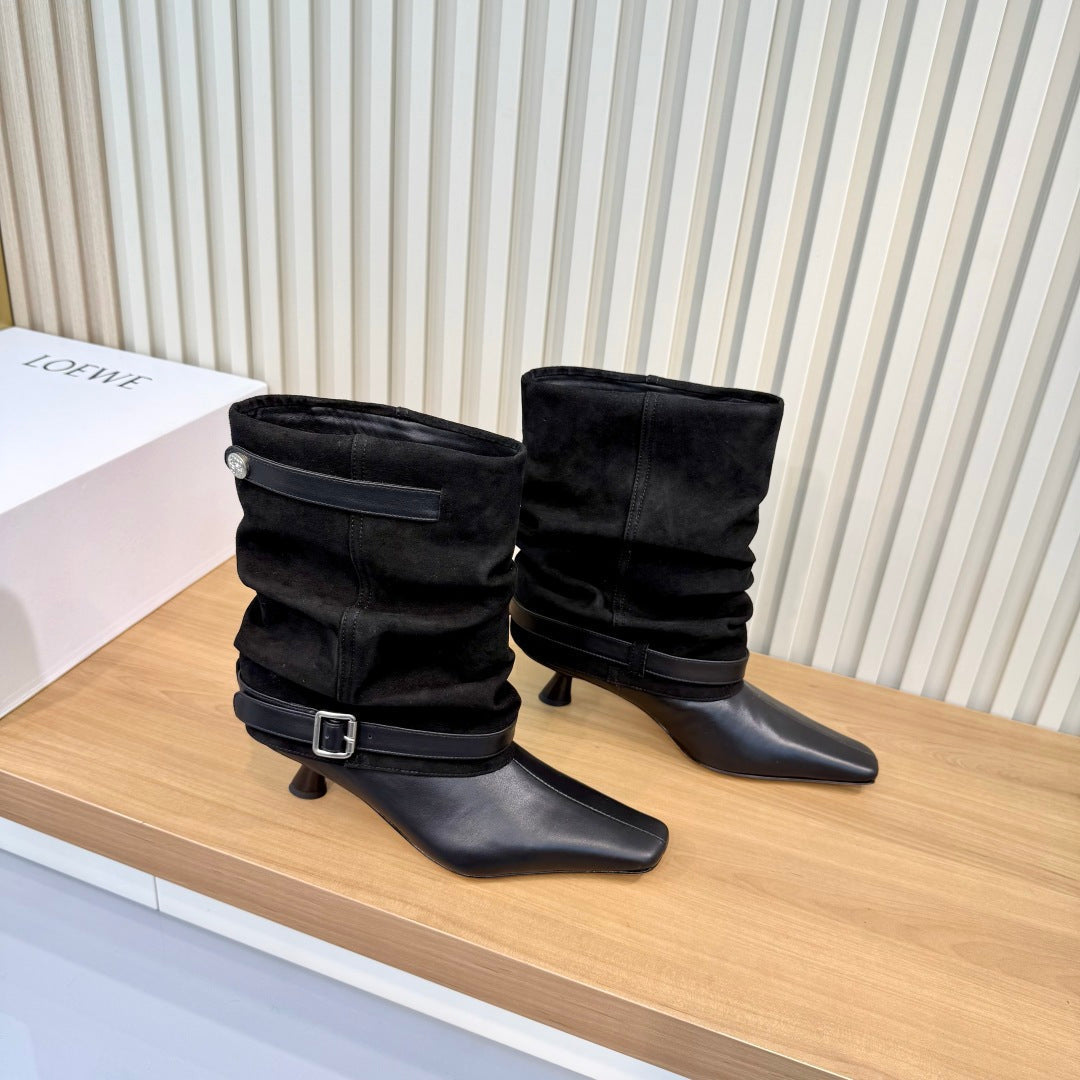 LW 26FW Slouchy Mid-Calf Boots Pointed Toe Kitten Heel Buckle Strap Suede Leather 147556