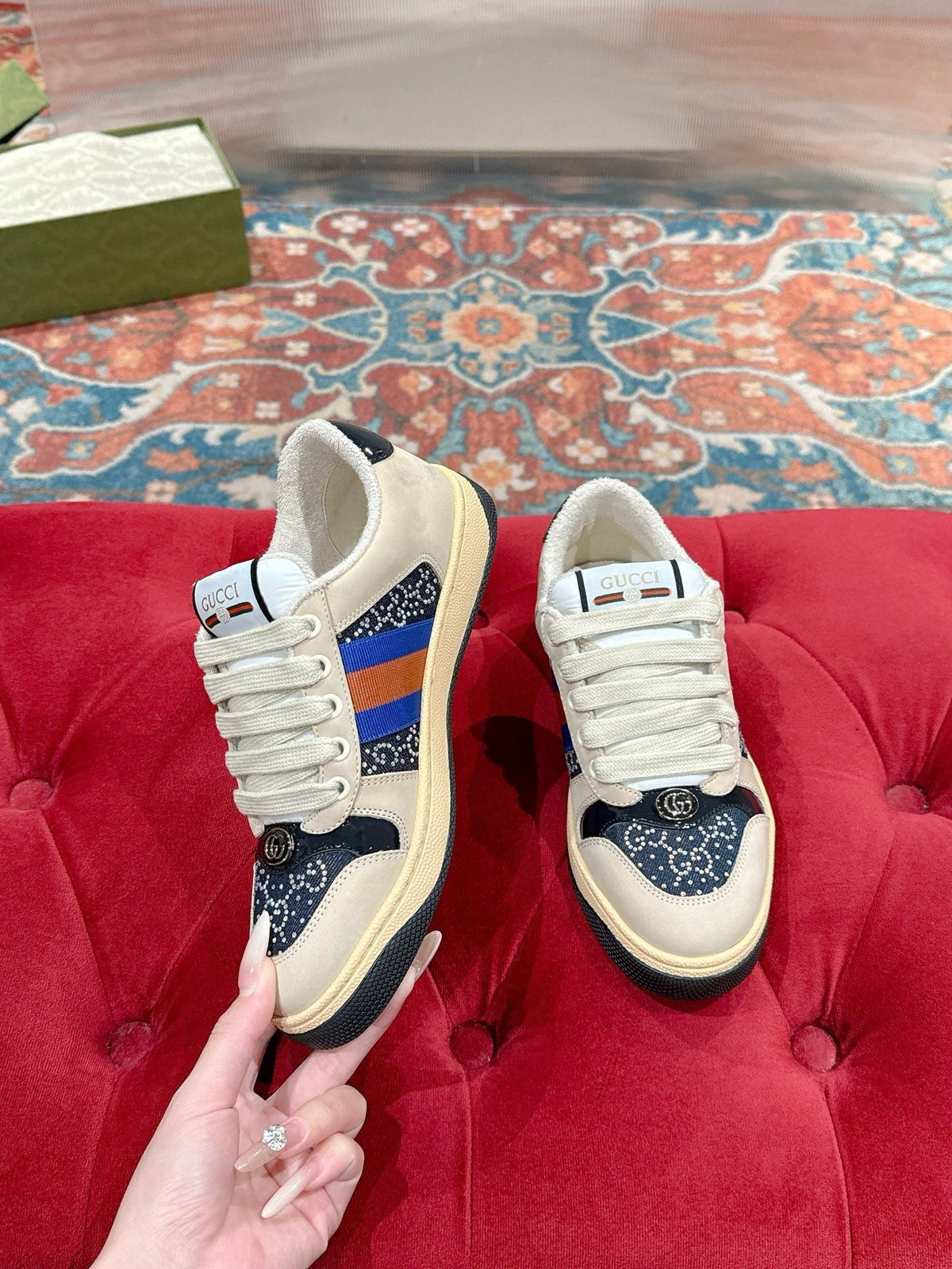 GG 26s Screener Sneaker Beige Suede Mix Navy Blue Canvas