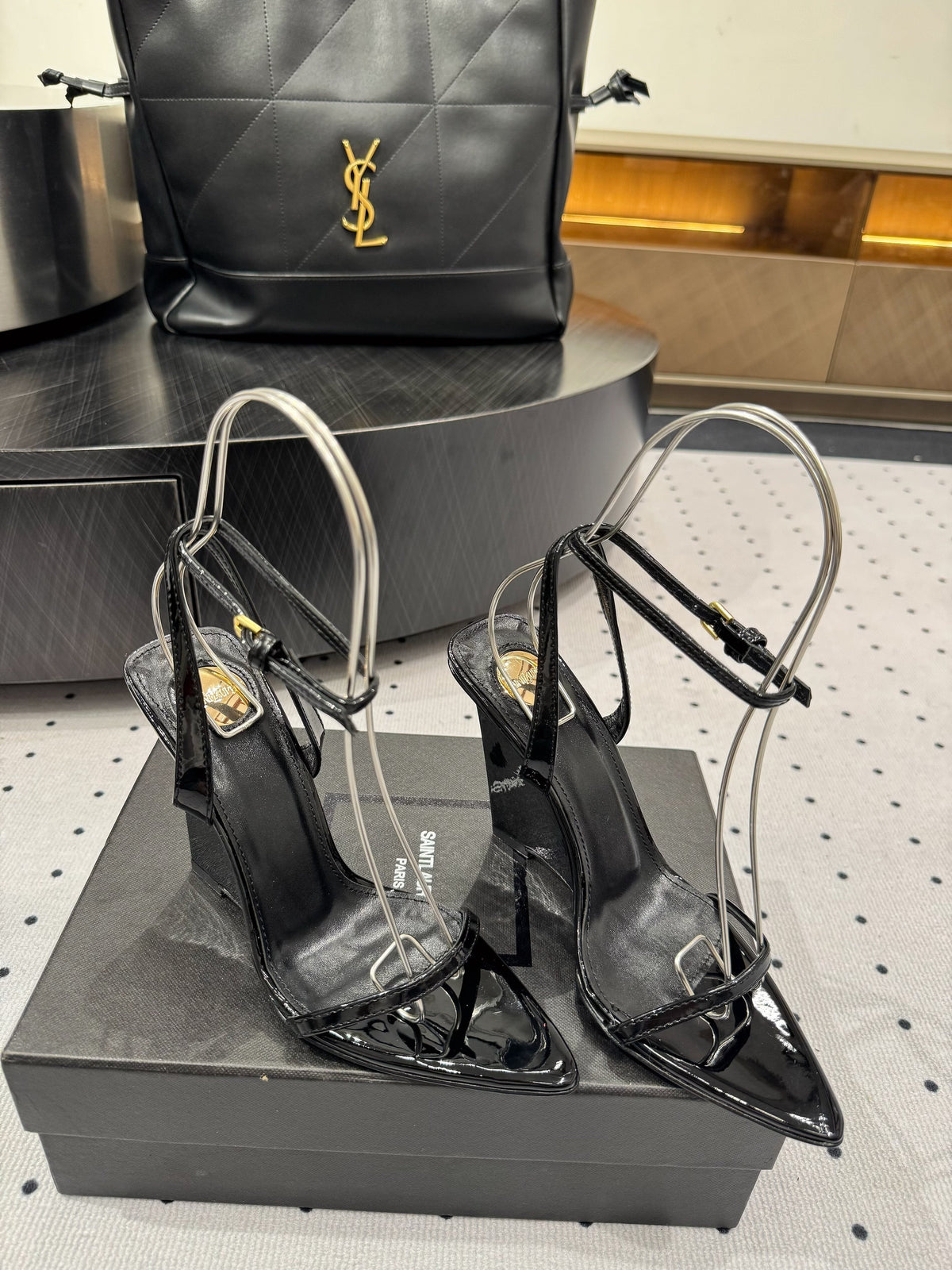 YSL 26S Wedge Heels 10.5cm Black Glossy Calfskin