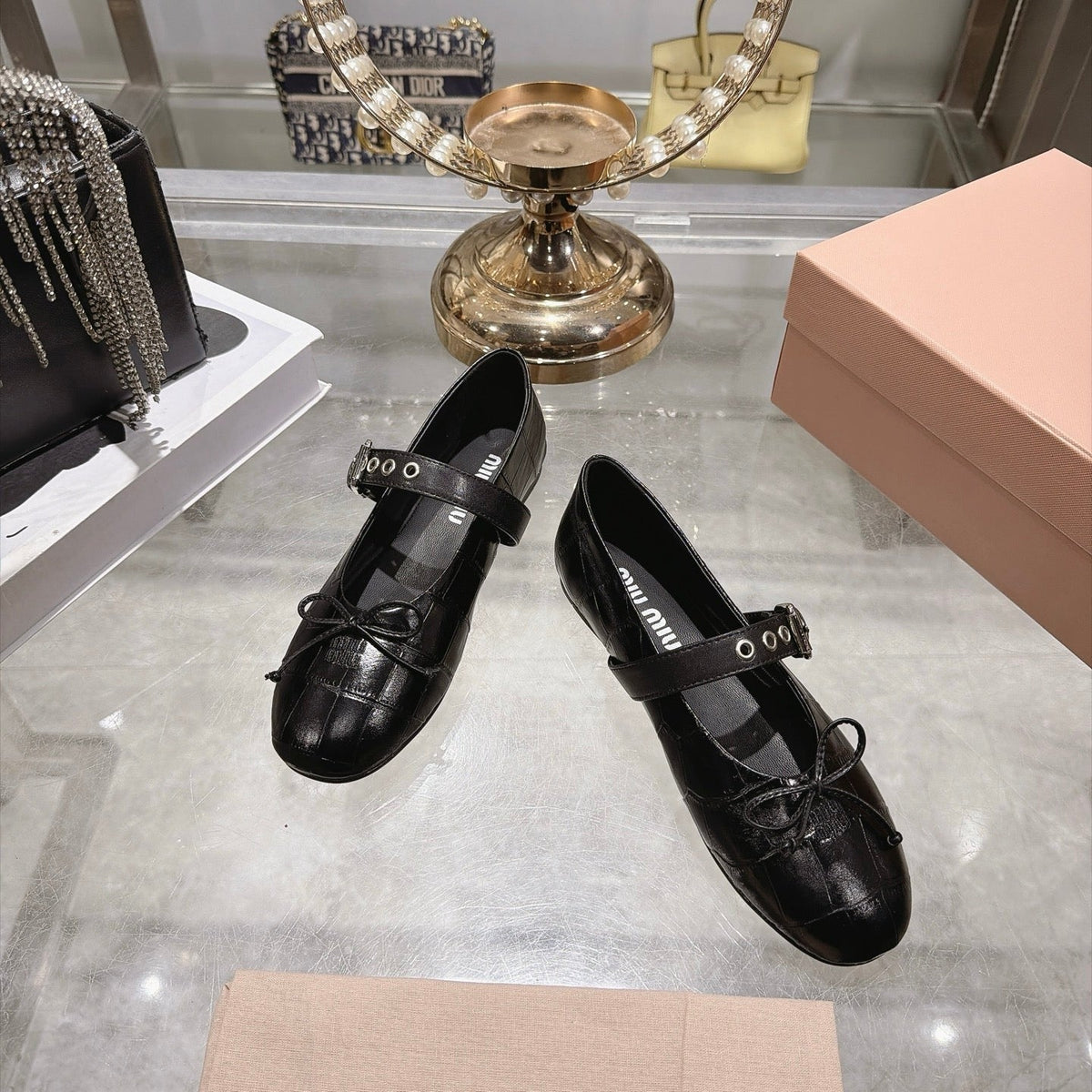 Miumiu 26S Mary Jane Flats Black Croc-Embossed Leather
