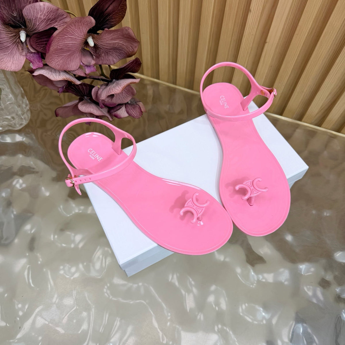 Celine 26s Triomphe Jelly Thong Sandals Pink TPU Gold Hardware 472195