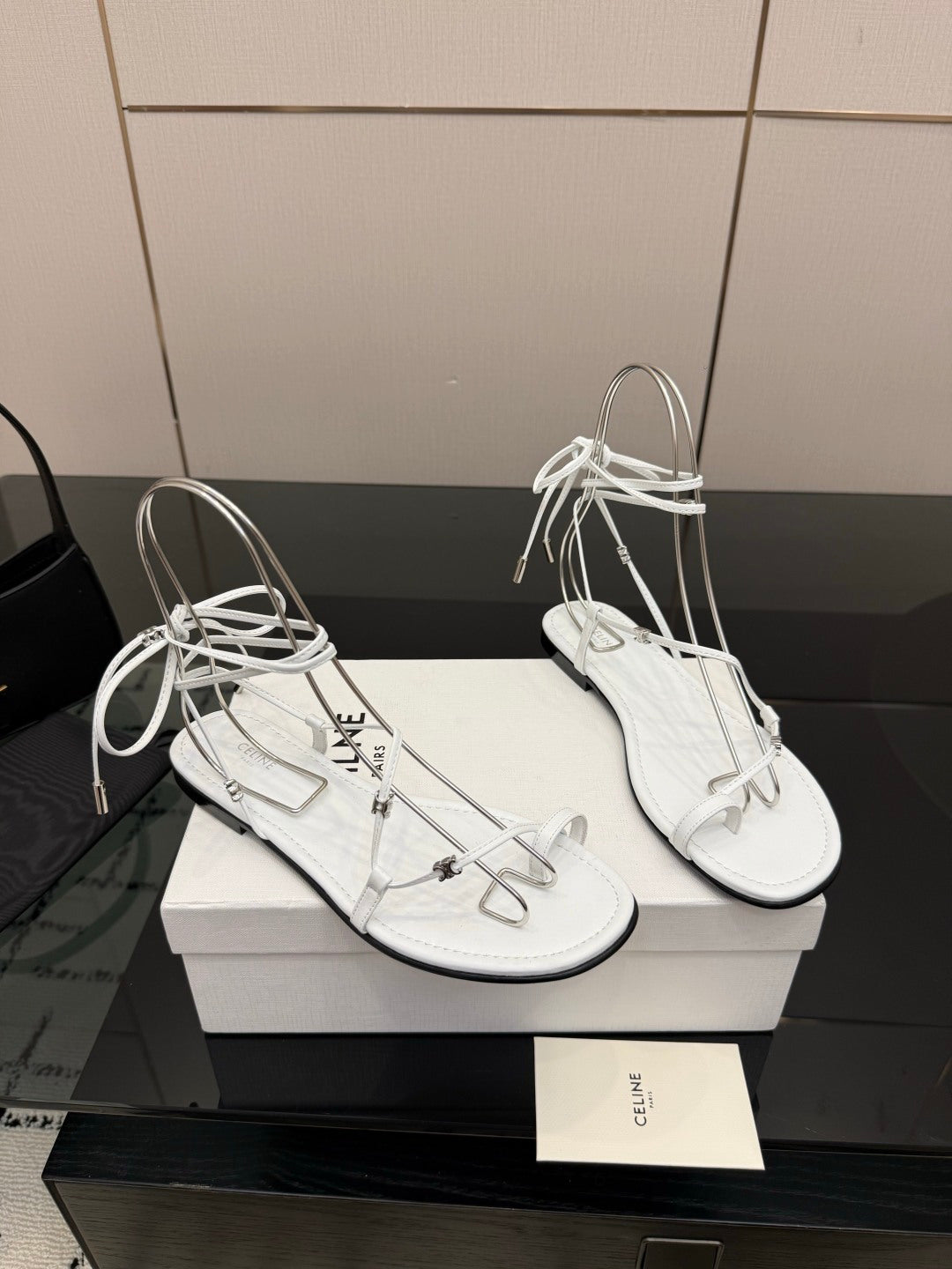 Celine 26s Triomphe Lace Up Flat Sandals White Calfskin 291483
