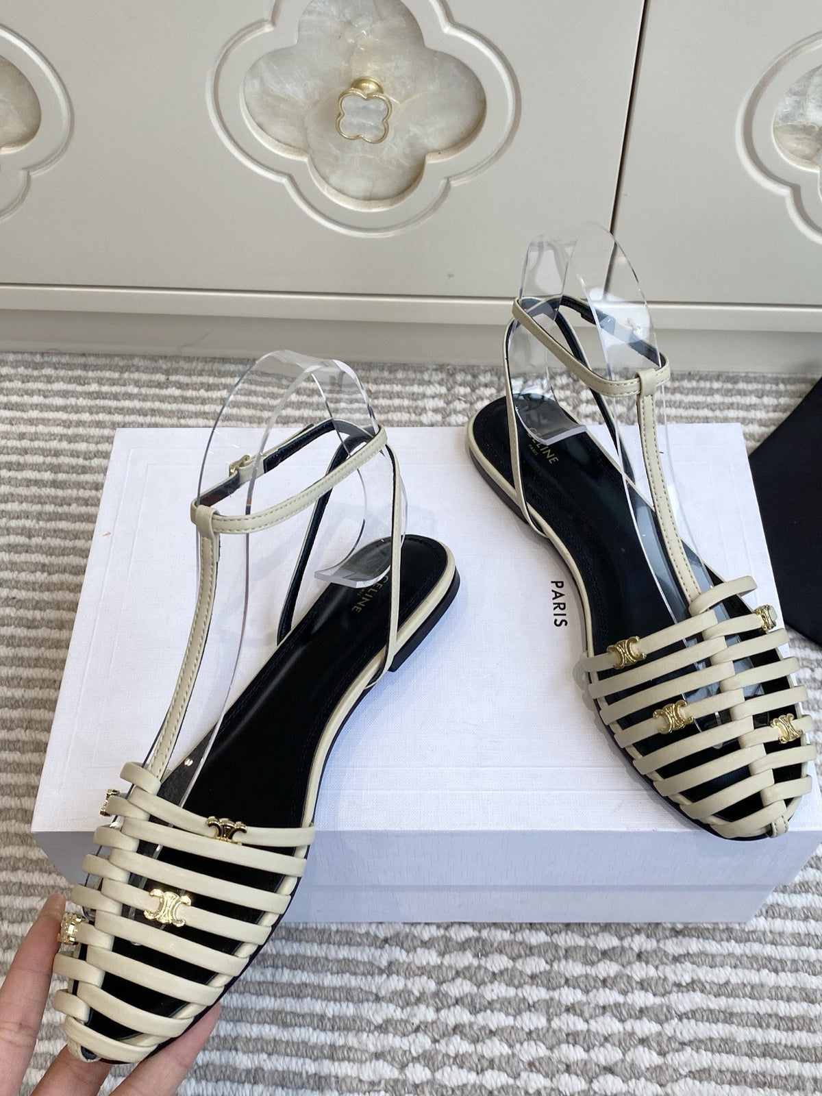 Celine 26s Clea Triomphe Gladiator Sandals Beige Lambskin 519284