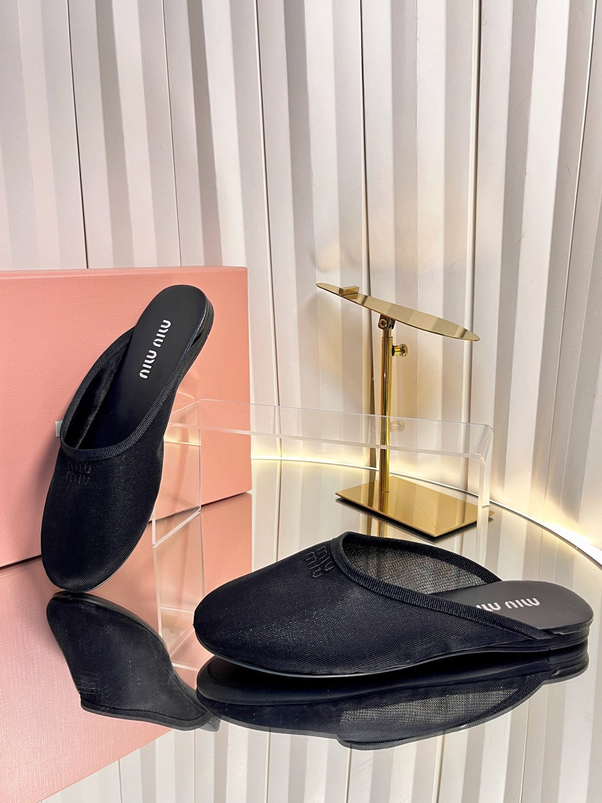 Miumiu 26S Flat Mules Black Fabric And Leather