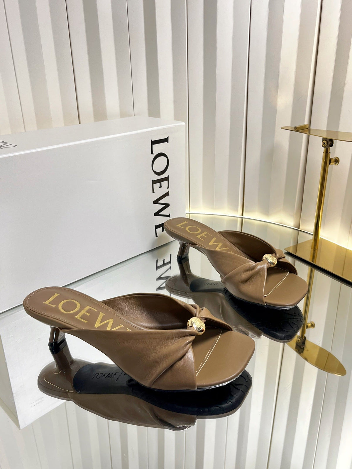 Loewe 26S Heeled Sandals 45 mm In Camel Brown Calfskin