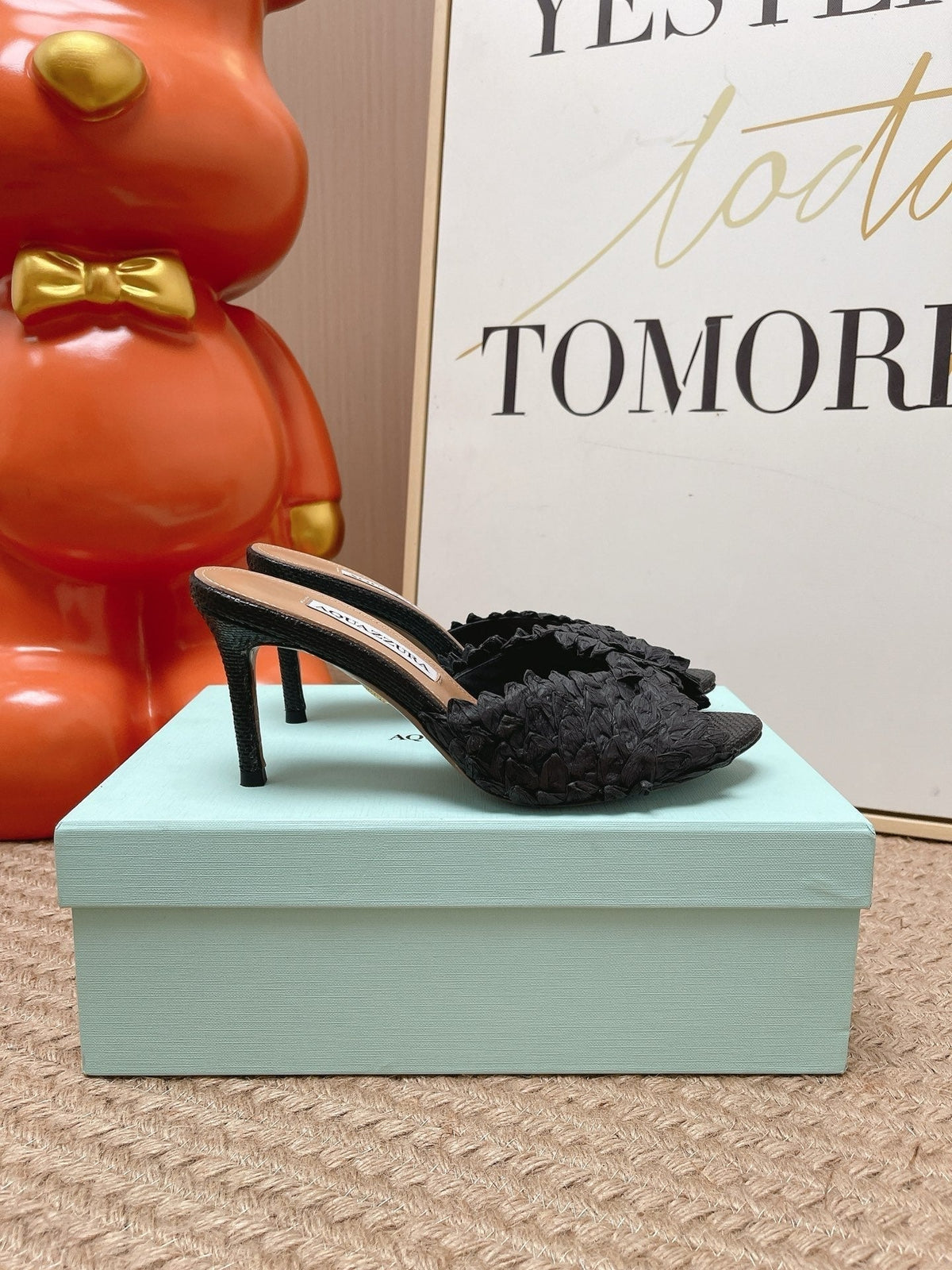 Aquazzura 26S Heeled Mules 8cm Black Woven Raffia
