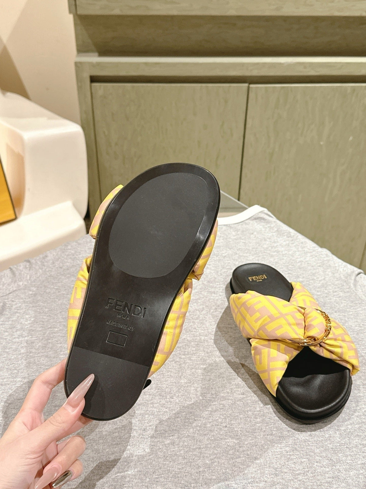 Fendi 26S Wide Cross-Strap Sandals Yellow Fabric