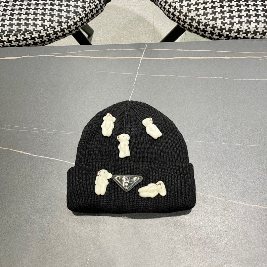 Prad 26FW Double-Layer Knit Beanie Bear Design Knitted Wool 552005