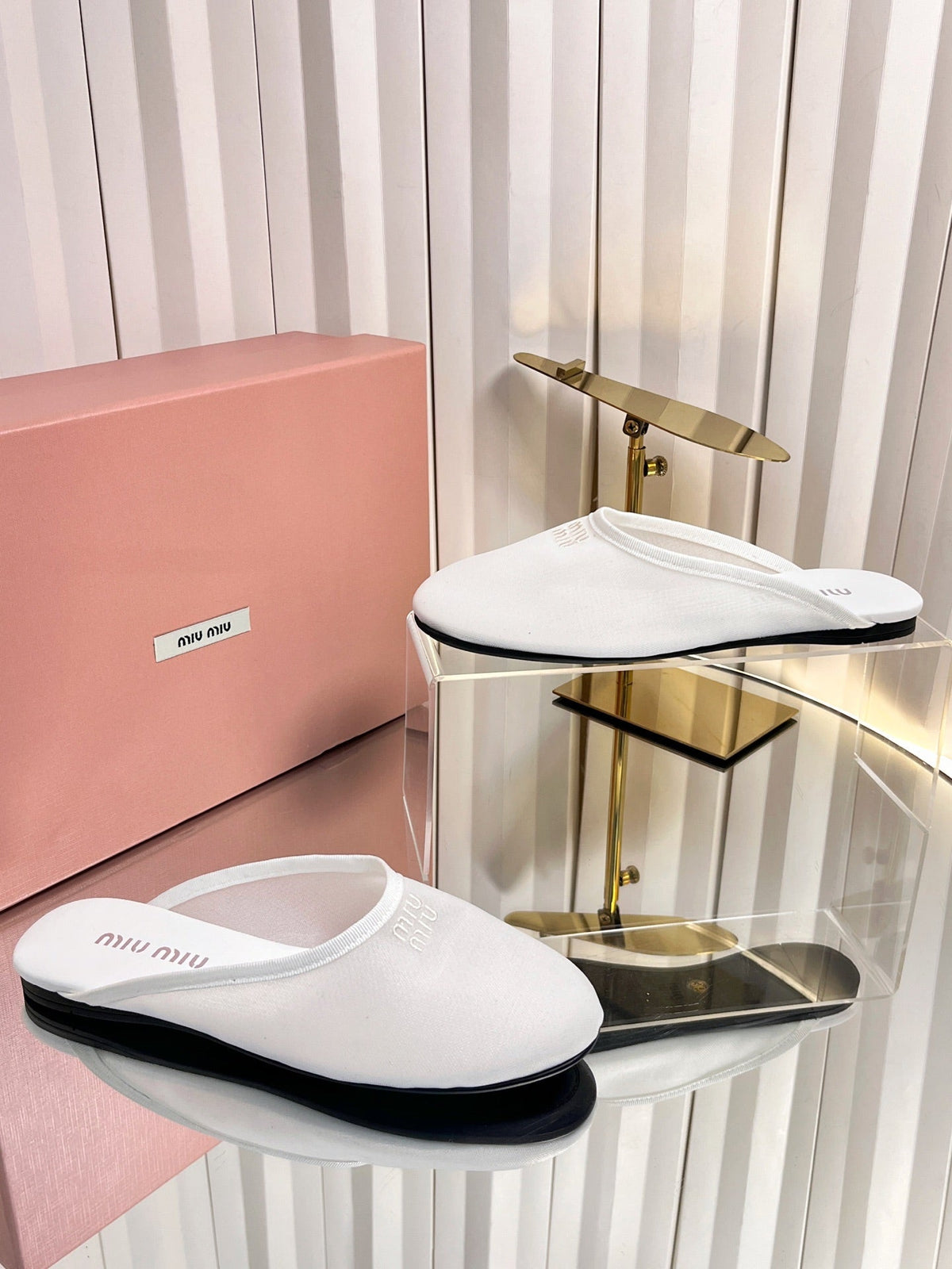 Miumiu 26S Flat Mules White Fabric And Leather
