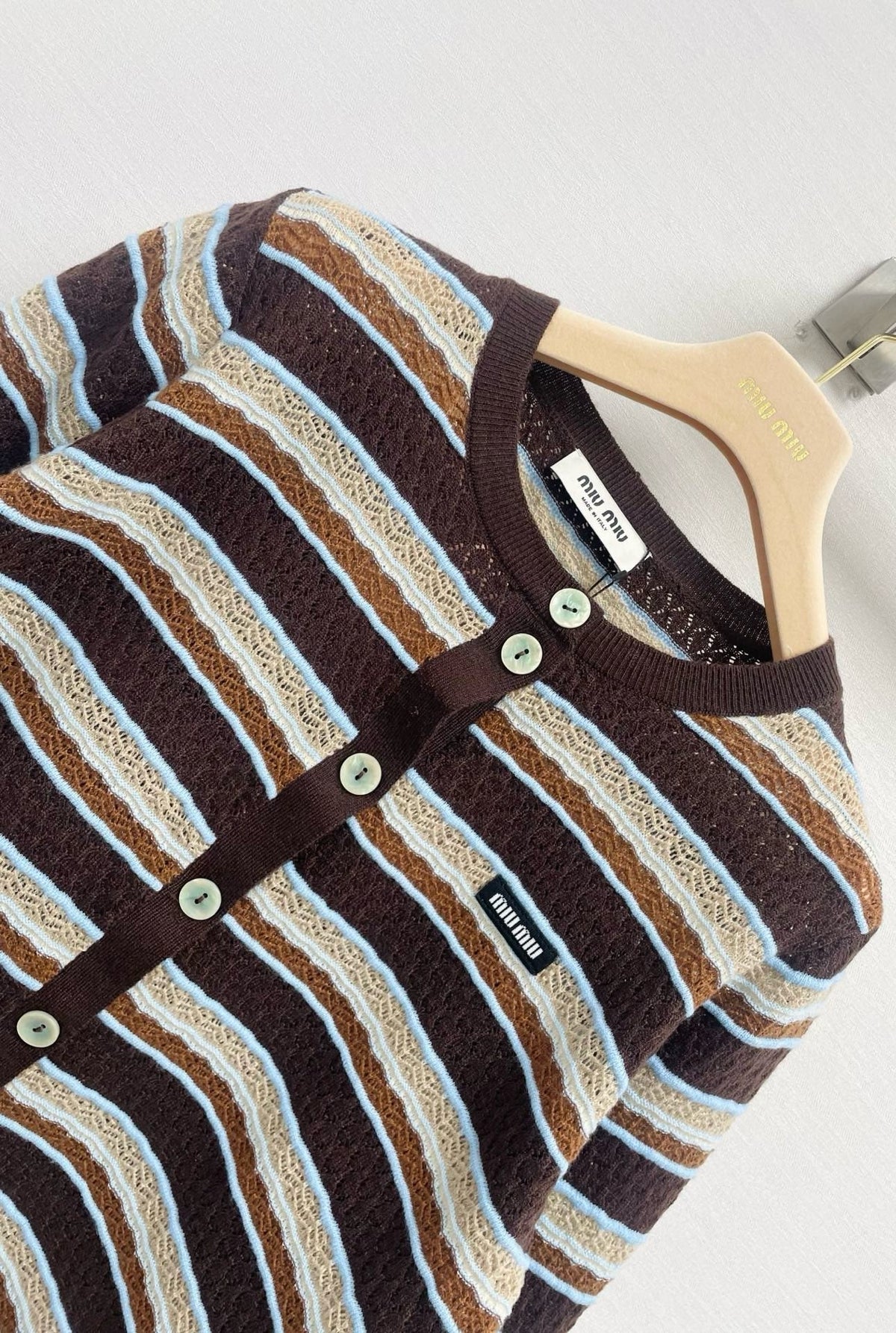 Miu 26FW Crewneck Cardigan Contrast Stripe Patch Logo Wool 446704