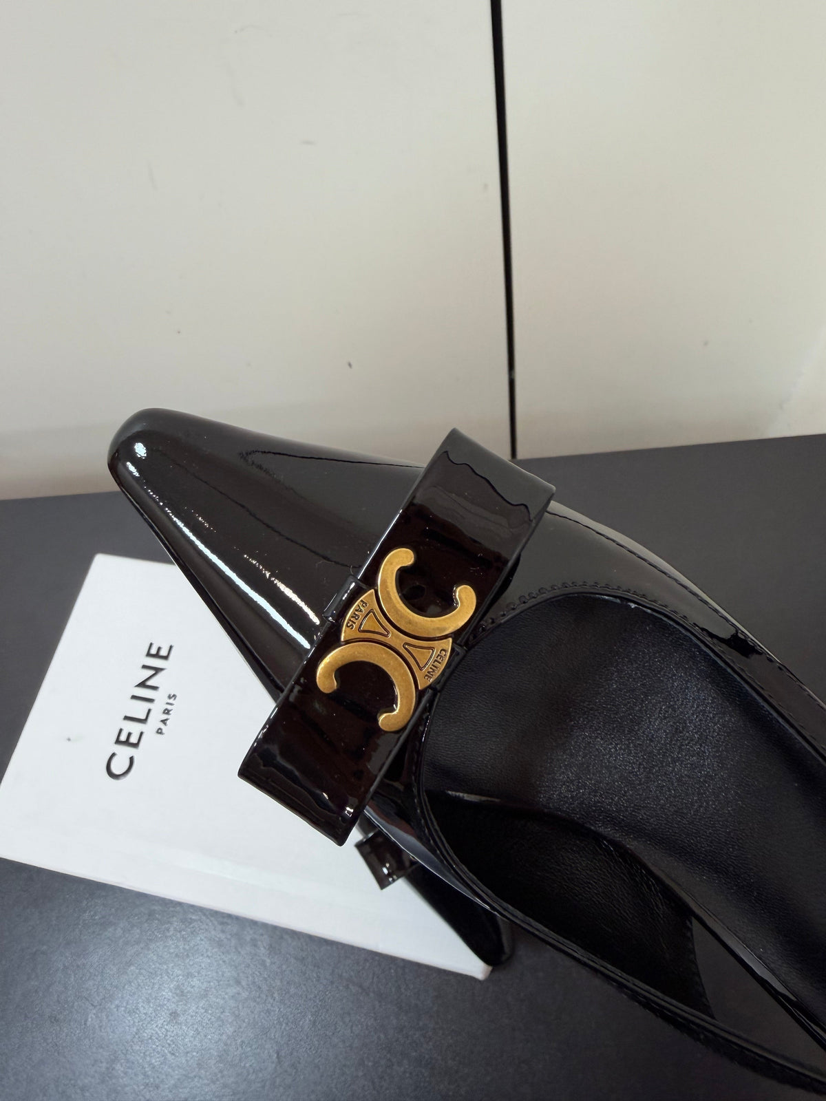 Celine 26s Triomphe Slingback Pumps In Black Patent Calfskin Gold Hardware