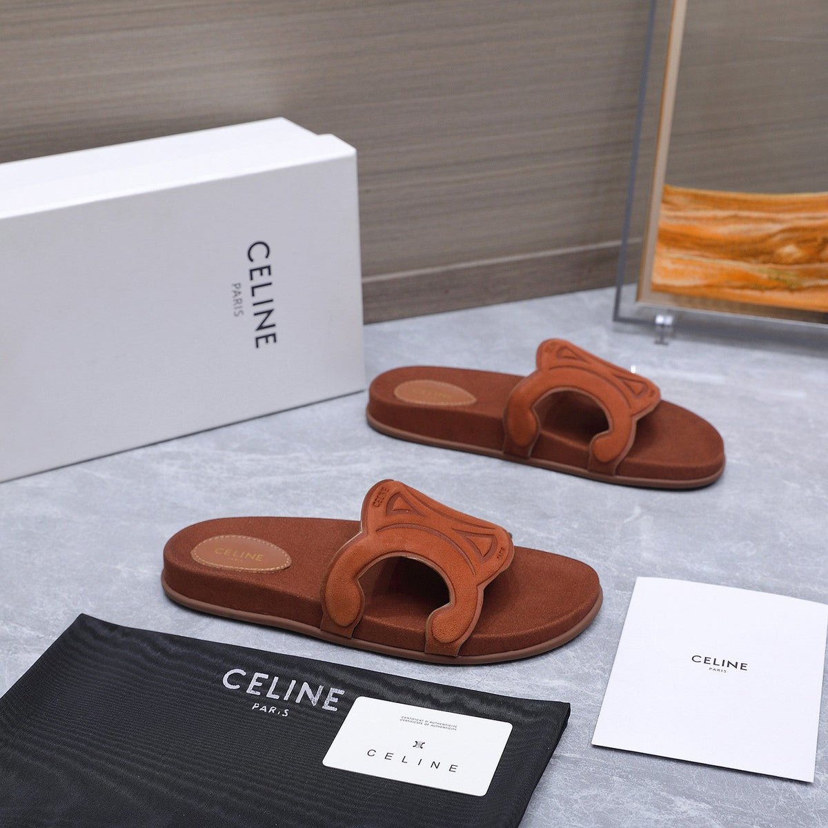 Celine 26s Triomphe Slides Cognac Brown Suede 915403