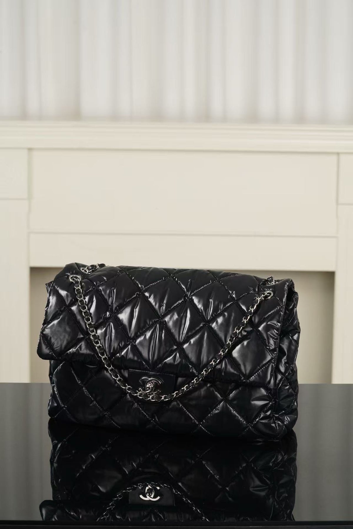 CC 26FW Coco Neige Maxi Flap Bag 38cm Black Glossy Nylon