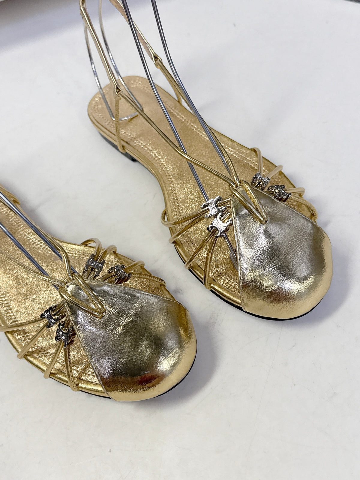 Celine 26s Triomphe Lace Up Ankle Strap Flat Sandals Gold Calfskin 395168