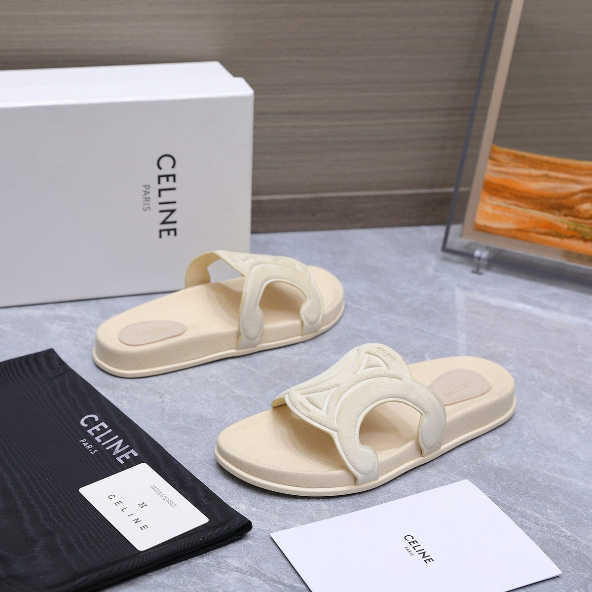 Celine 26s Triomphe Slides Cream White Suede 247058