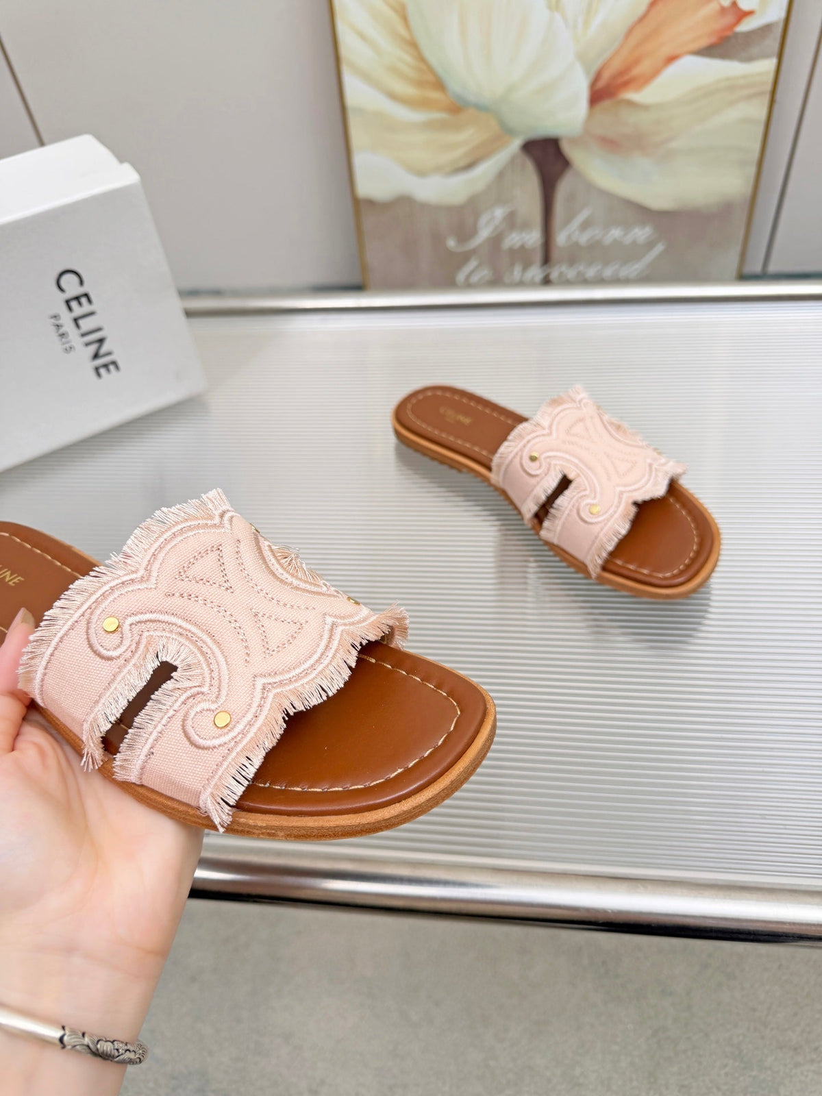 Celine 26s Triomphe Slide Sandals Blush Pink Canvas 831429