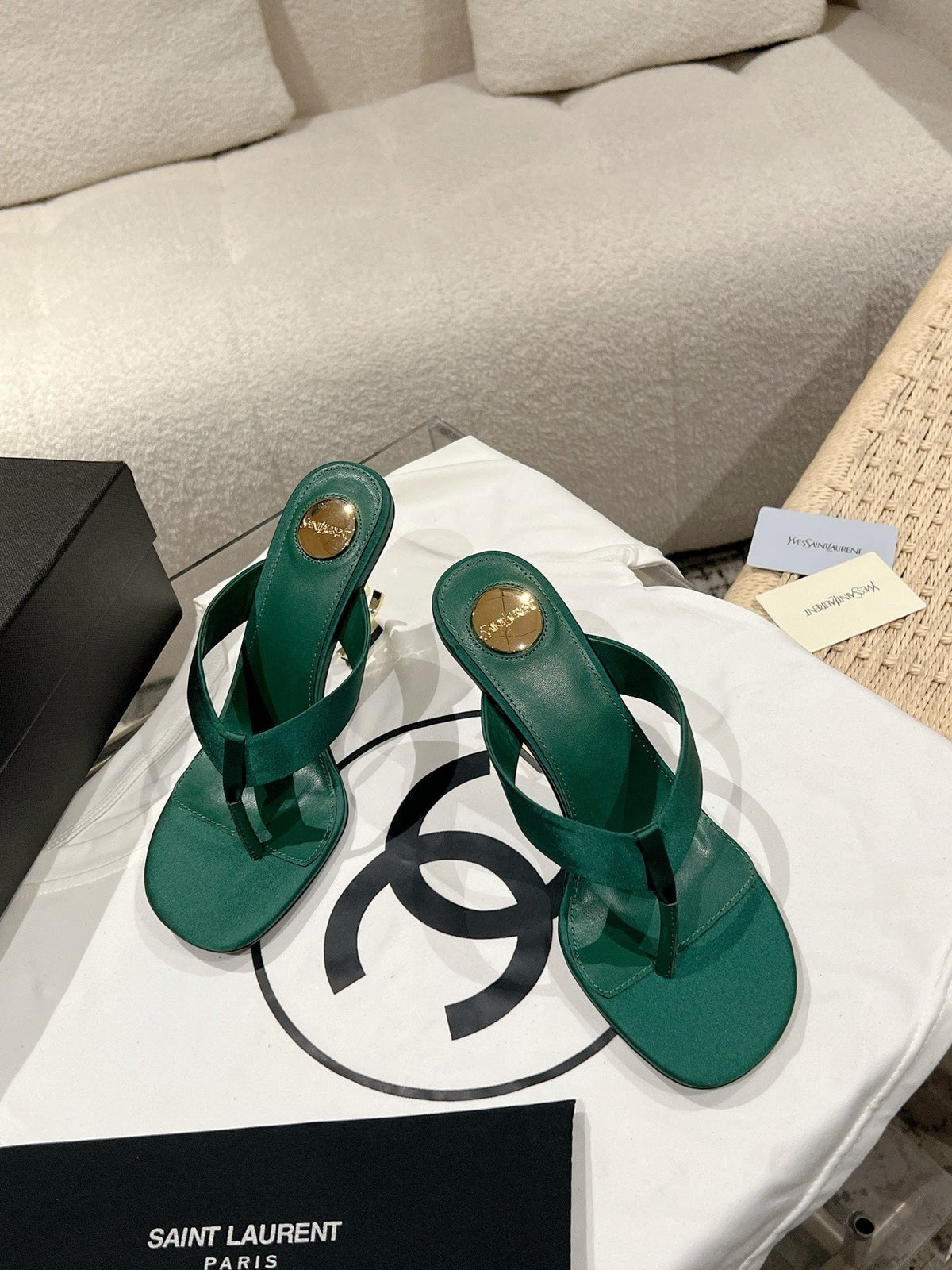 YSL 26S Heeled Thong Sandals 8.5cm Dark Green Satin