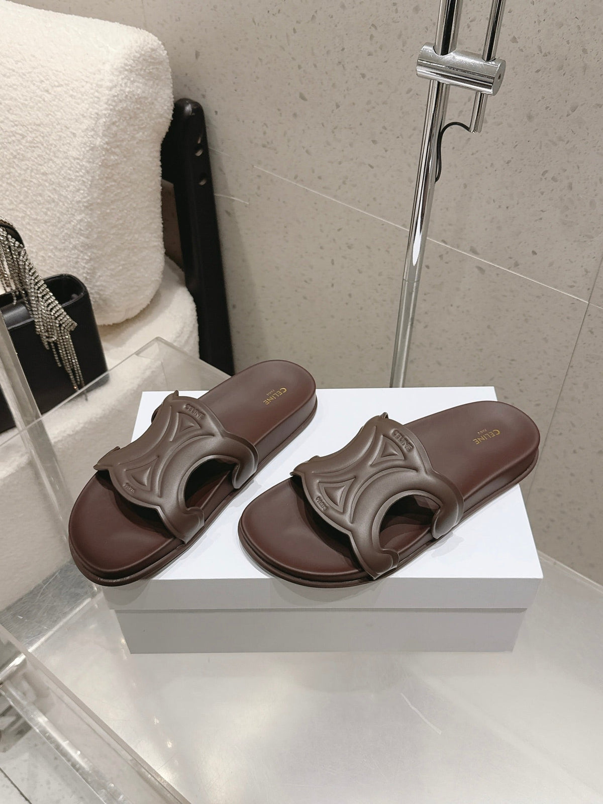 Celine 26s Triomphe Slides Dark Brown Calfskin 629471