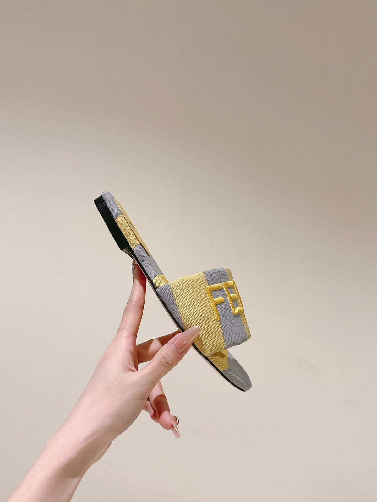Fendi 26S Slide Sandals Yellow And Grey Canvas