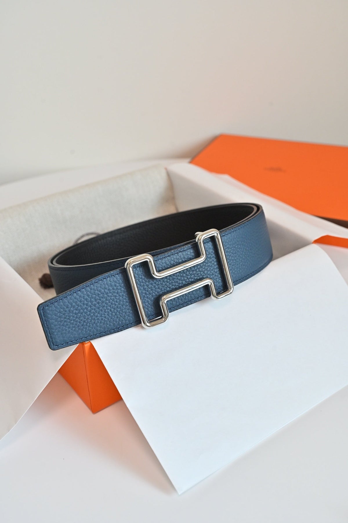 HM 26FW Reversible H Belt 3.8cm Black Blue Grained Leather 220419