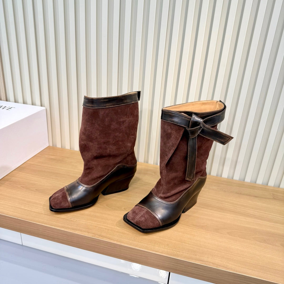 LW 26FW Mid-Calf Boots Square Toe Bow Detail Suede Leather 147547