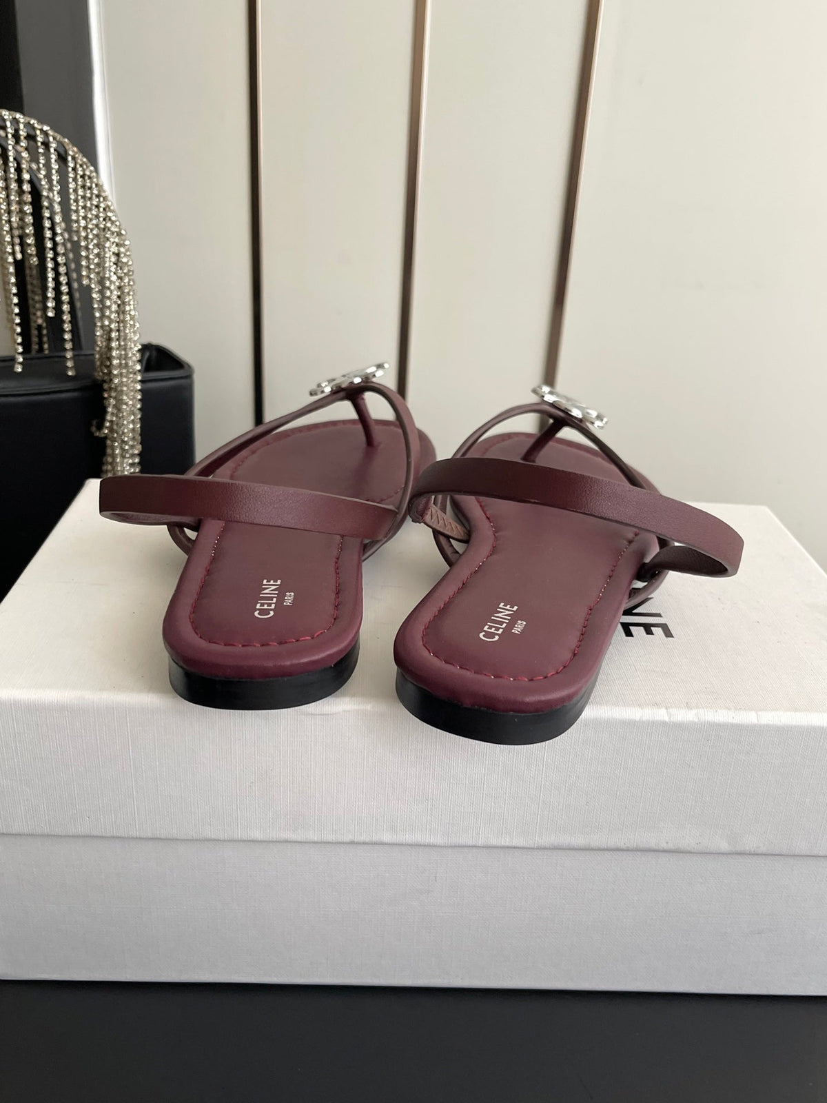 Celine 26s Thong Sandals Dark Red Calfskin 538164