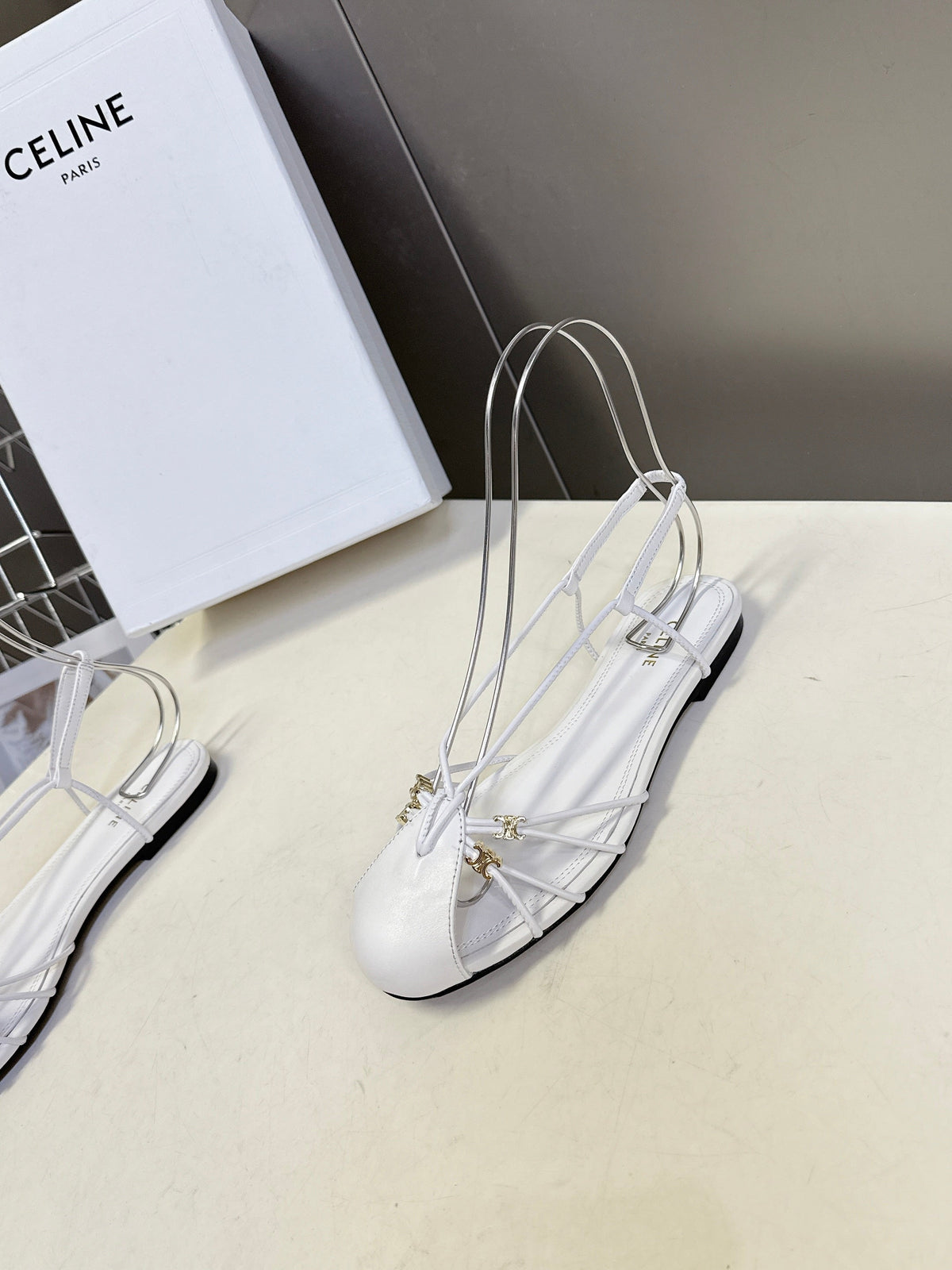 Celine 26s Triomphe Lace Up Ankle Strap Flat Sandals White Calfskin 851392