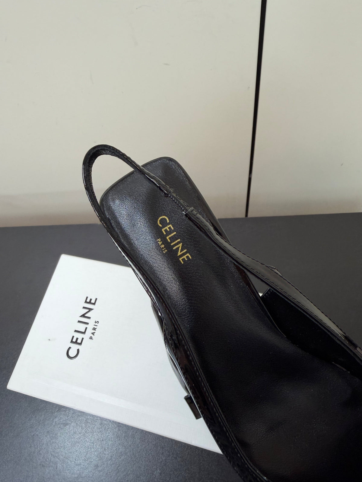 Celine 26s Triomphe Slingback Pumps In Black Patent Calfskin Gold Hardware