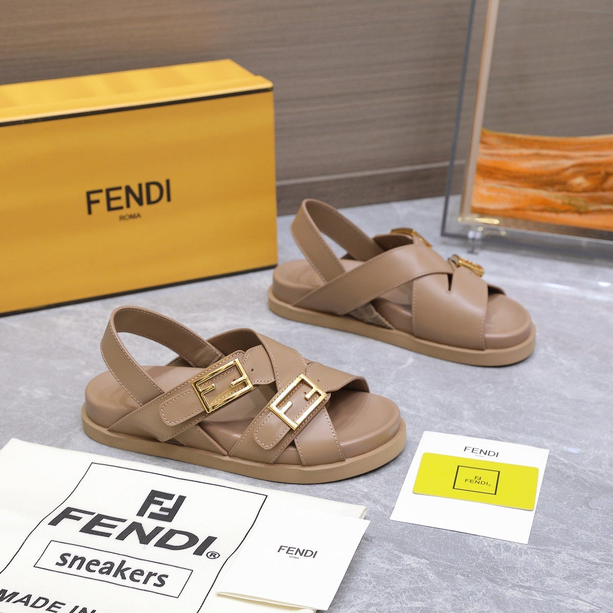 Fendi 26S Flat Sandals Pale Beige Calfskin
