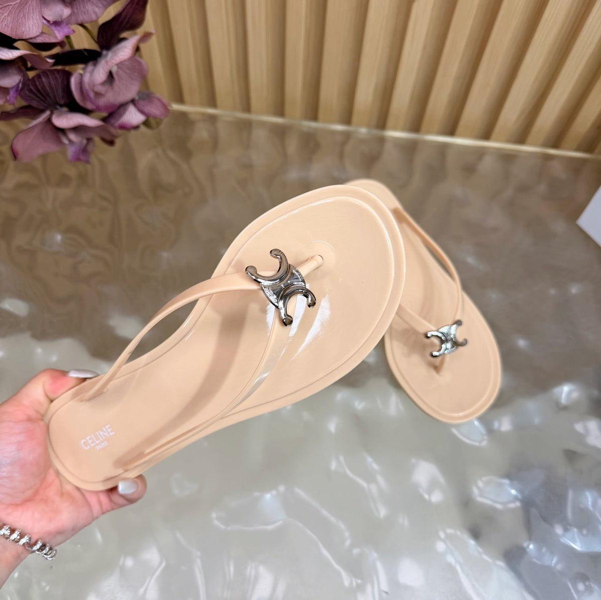 Celine 26s Triomphe Thong Sandals Nude Beige TPU Silver Hardware 249715