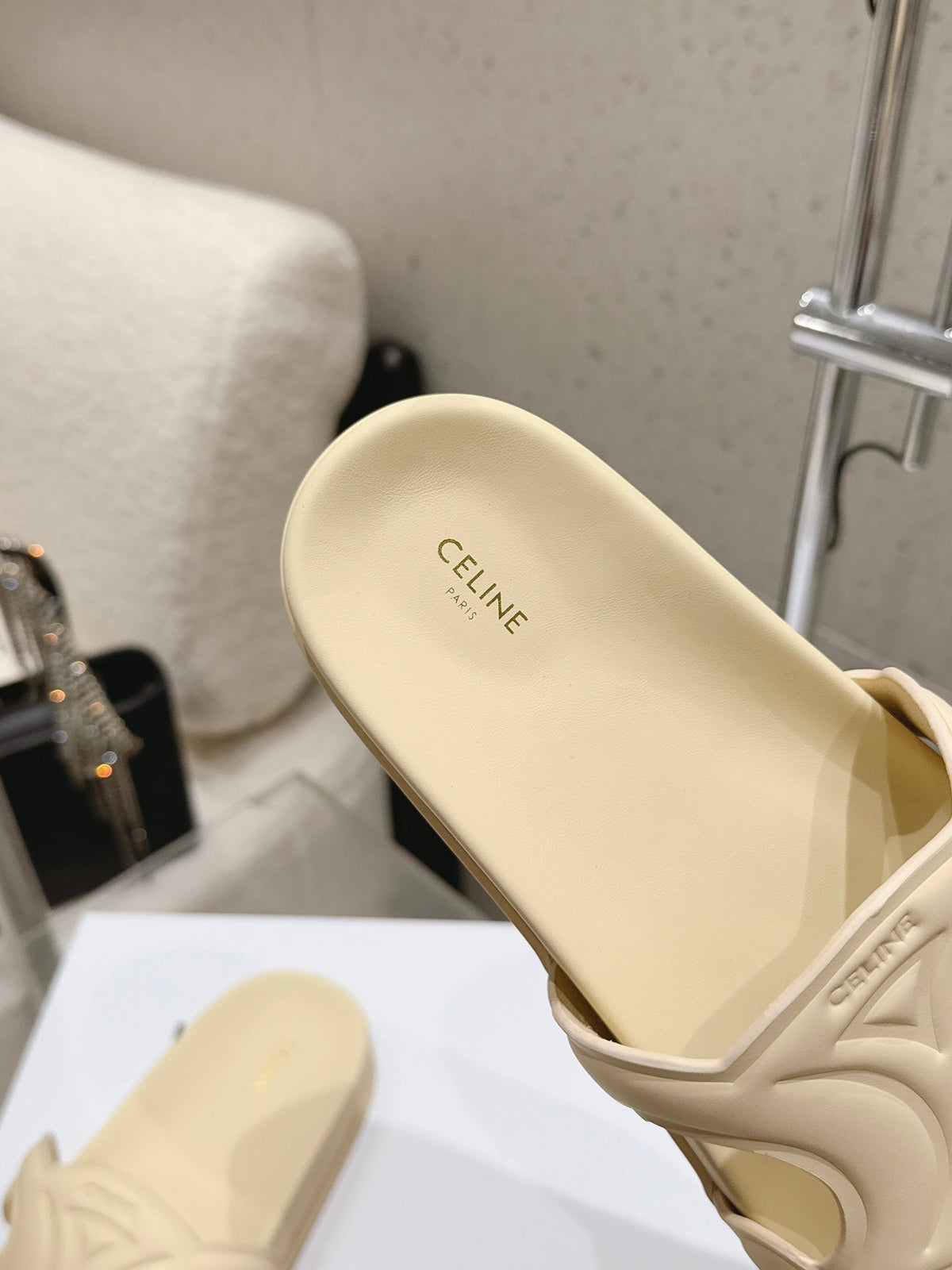 Celine 26s Triomphe Slides Pastel Yellow Calfskin 538194