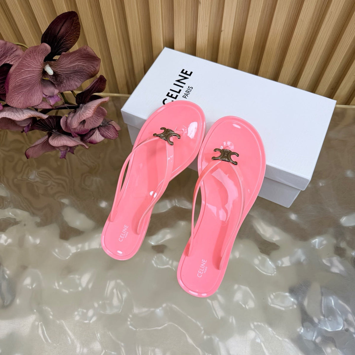 Celine 26s Triomphe Thong Sandals Pink TPU Silver Hardware 158392