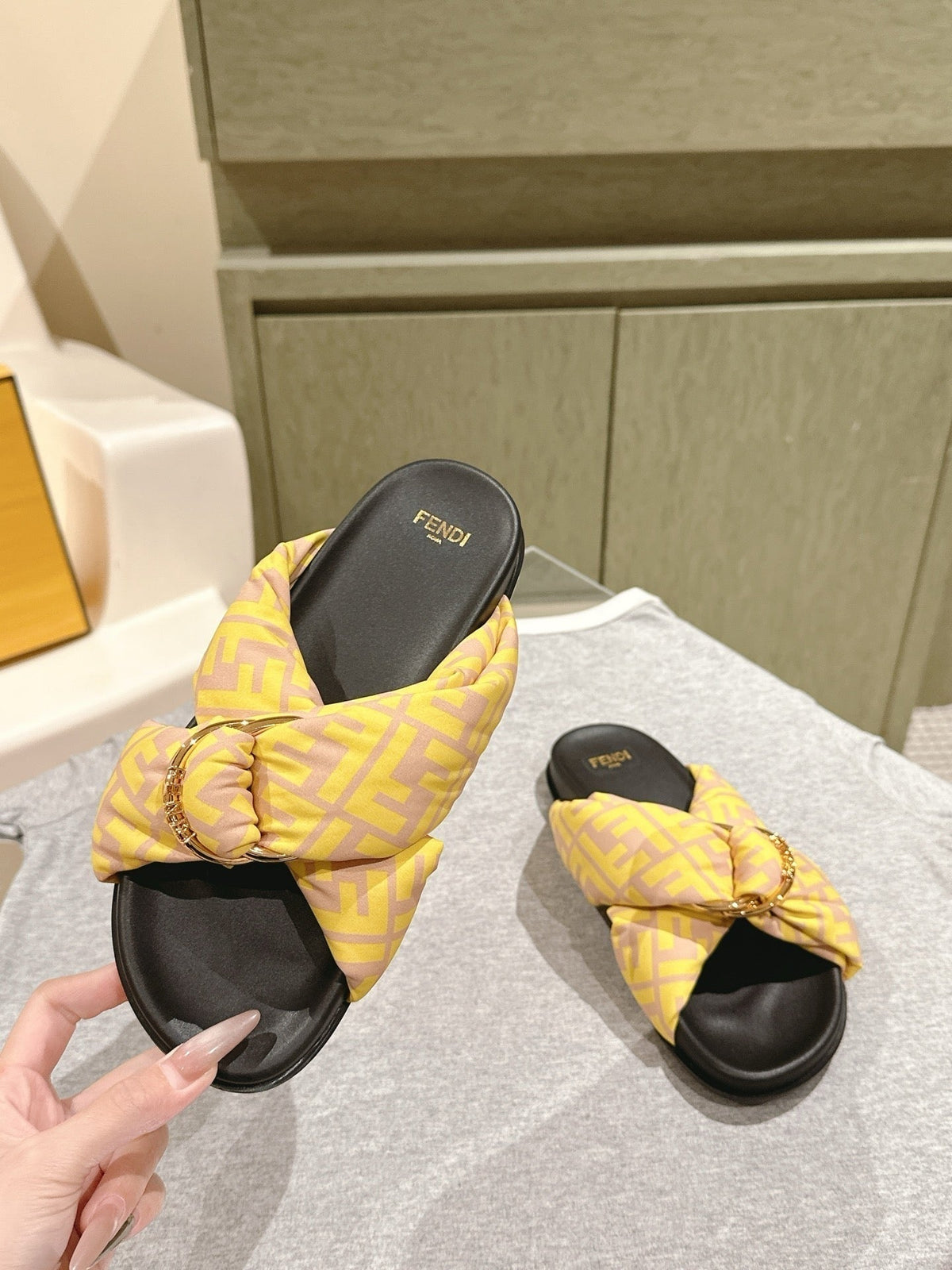 Fendi 26S Wide Cross-Strap Sandals Yellow Fabric