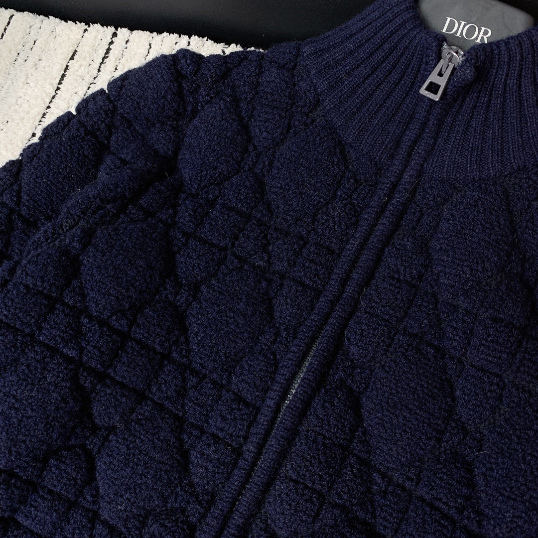 Dior 2026 Macrocannage Zipped Cardigan Navy Blue Wool 446701