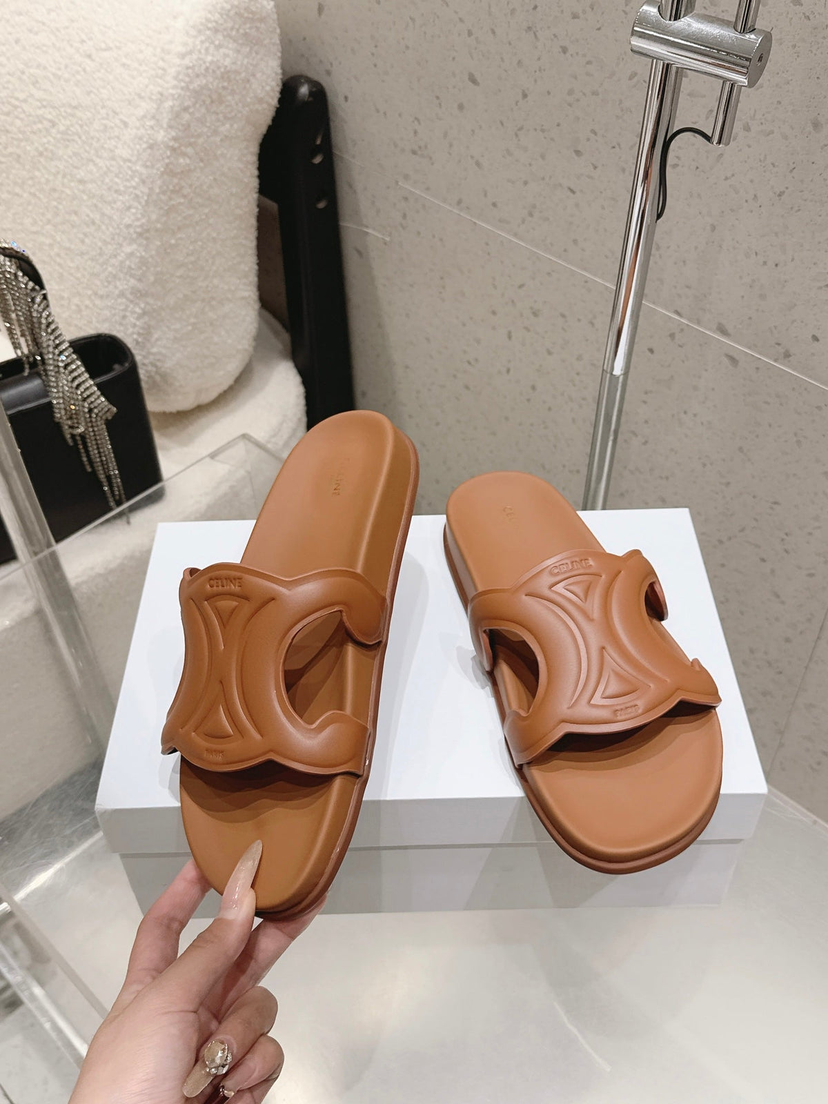 Celine 26s Triomphe Slides Brown Calfskin 394815