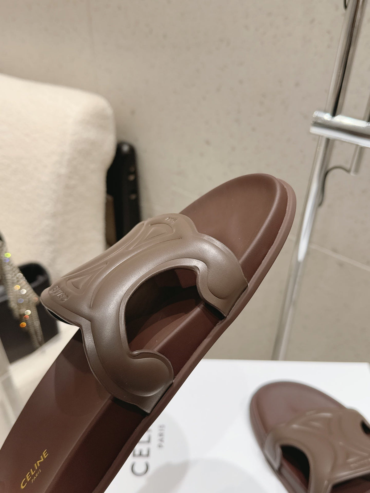 Celine 26s Triomphe Slides Dark Brown Calfskin 629471