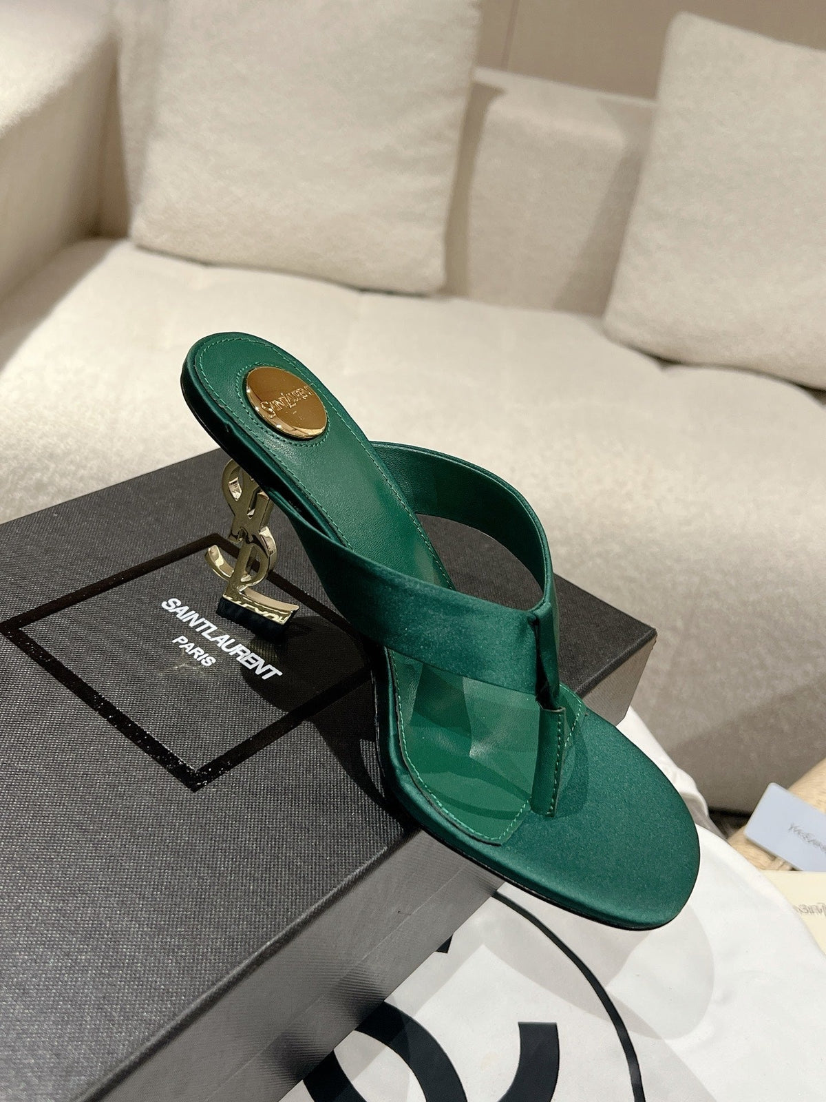YSL 26S Heeled Thong Sandals 8.5cm Dark Green Satin
