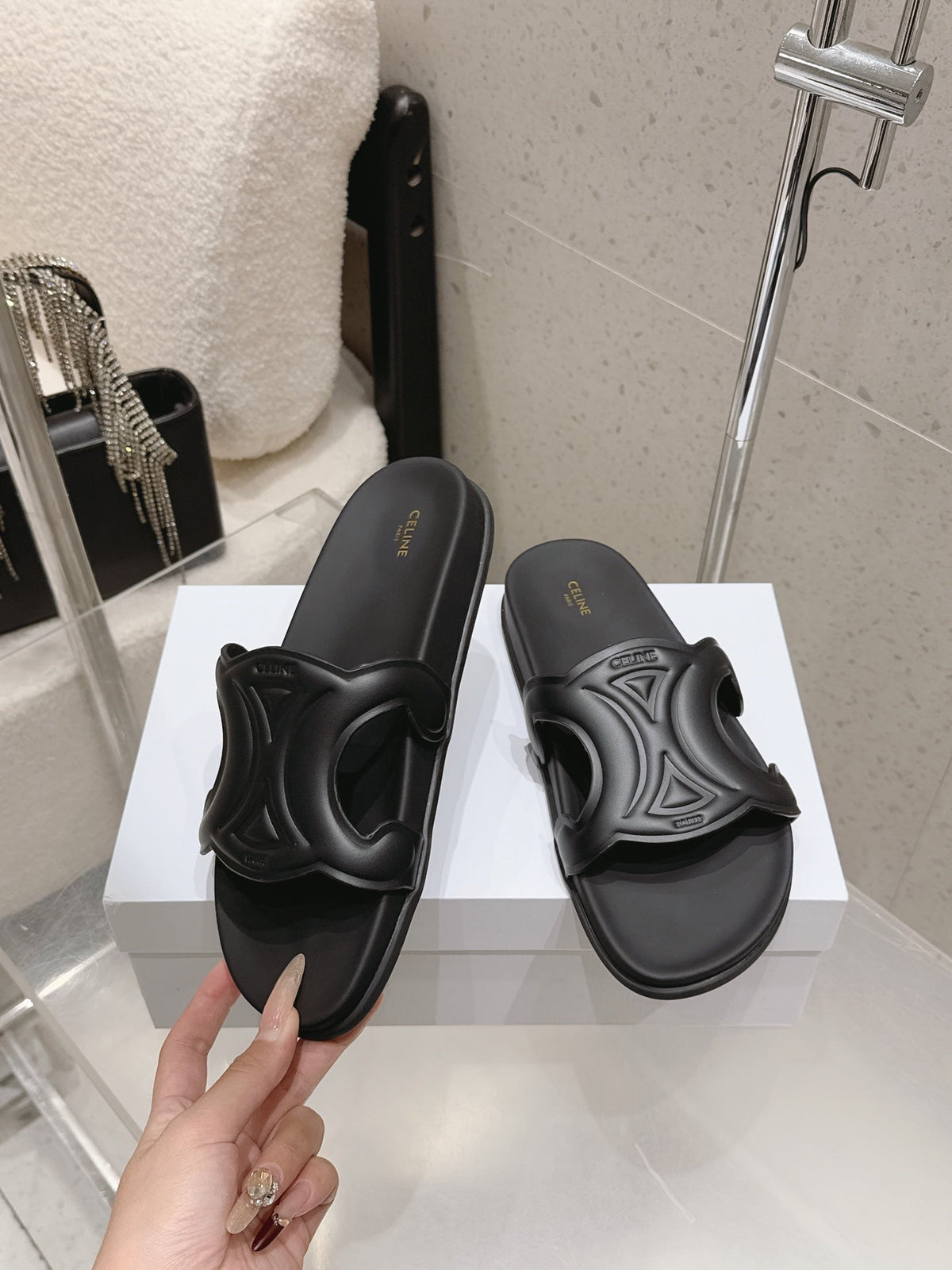 Celine 26s Triomphe Slides Black Calfskin 714052