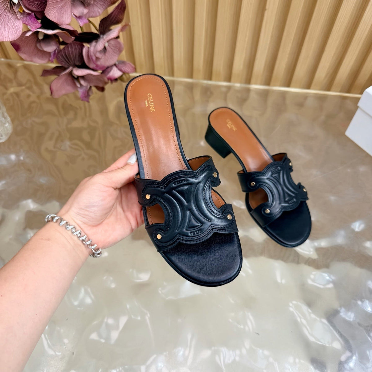 Celine 26s Triomphe Block Heel Mules In Navy Black Calfskin