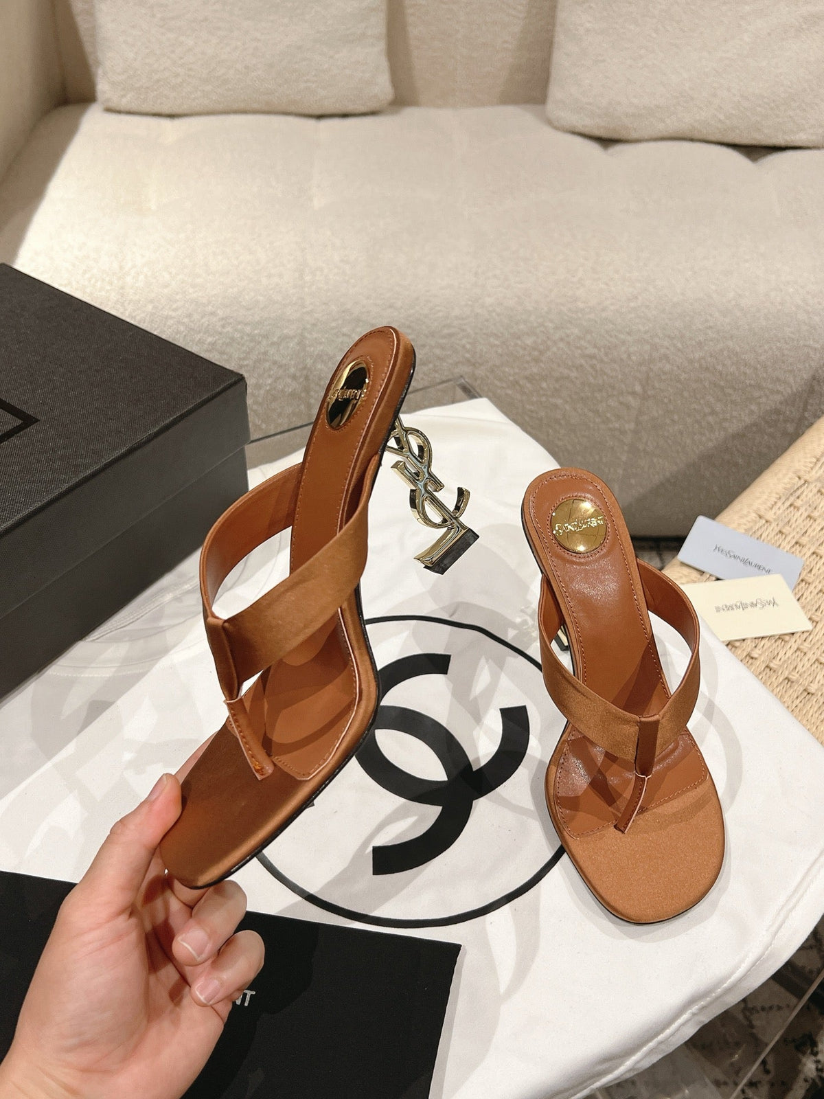YSL 26S Heeled Thong Sandals 8.5cm Tan Brown Satin