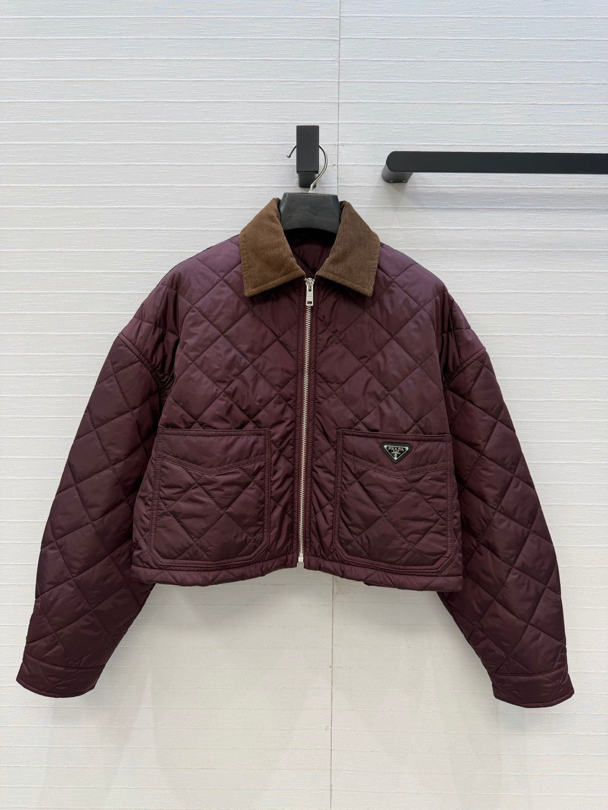 Prad 26FW Diamond-Quilted Cropped Jacket Corduroy Collar Polyester 440516