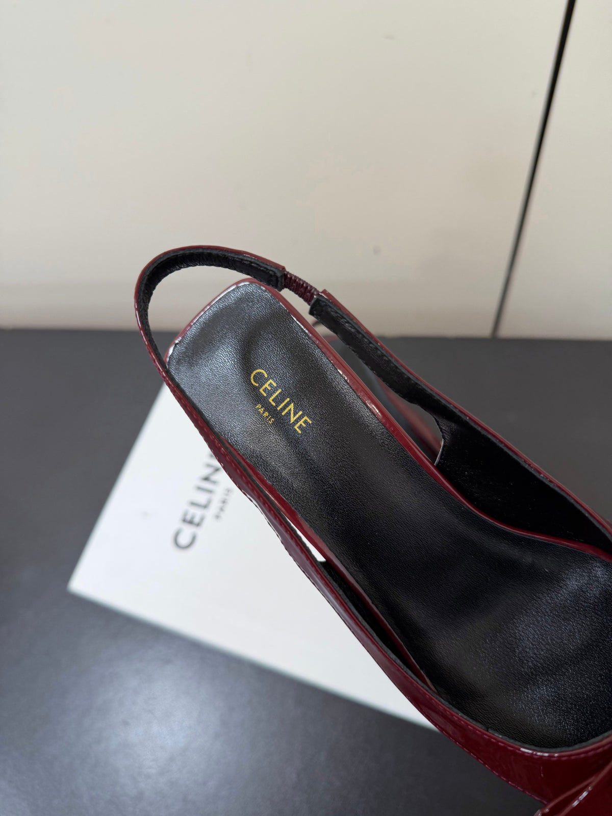 Celine 26s Triomphe Slingback Pumps In Burgundy Red Patent Calfskin Gold Hardware
