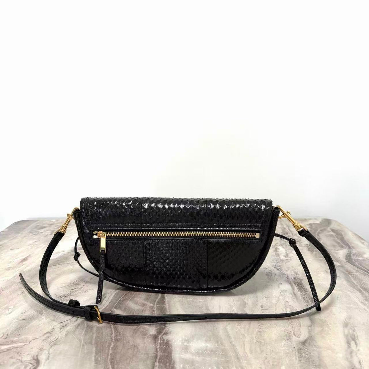 CE 26S Half-Moon Shoulder Bag 25cm Black Embossed Cowhide Leather