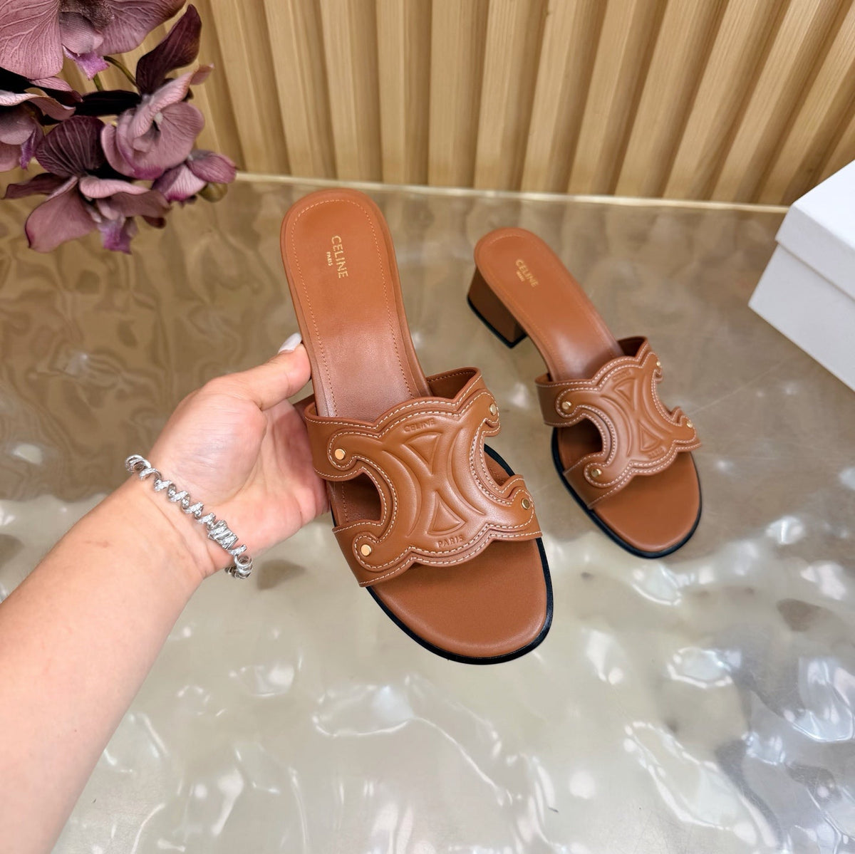 Celine 26s Triomphe Block Heel Mules In Cognac Brown Calfskin