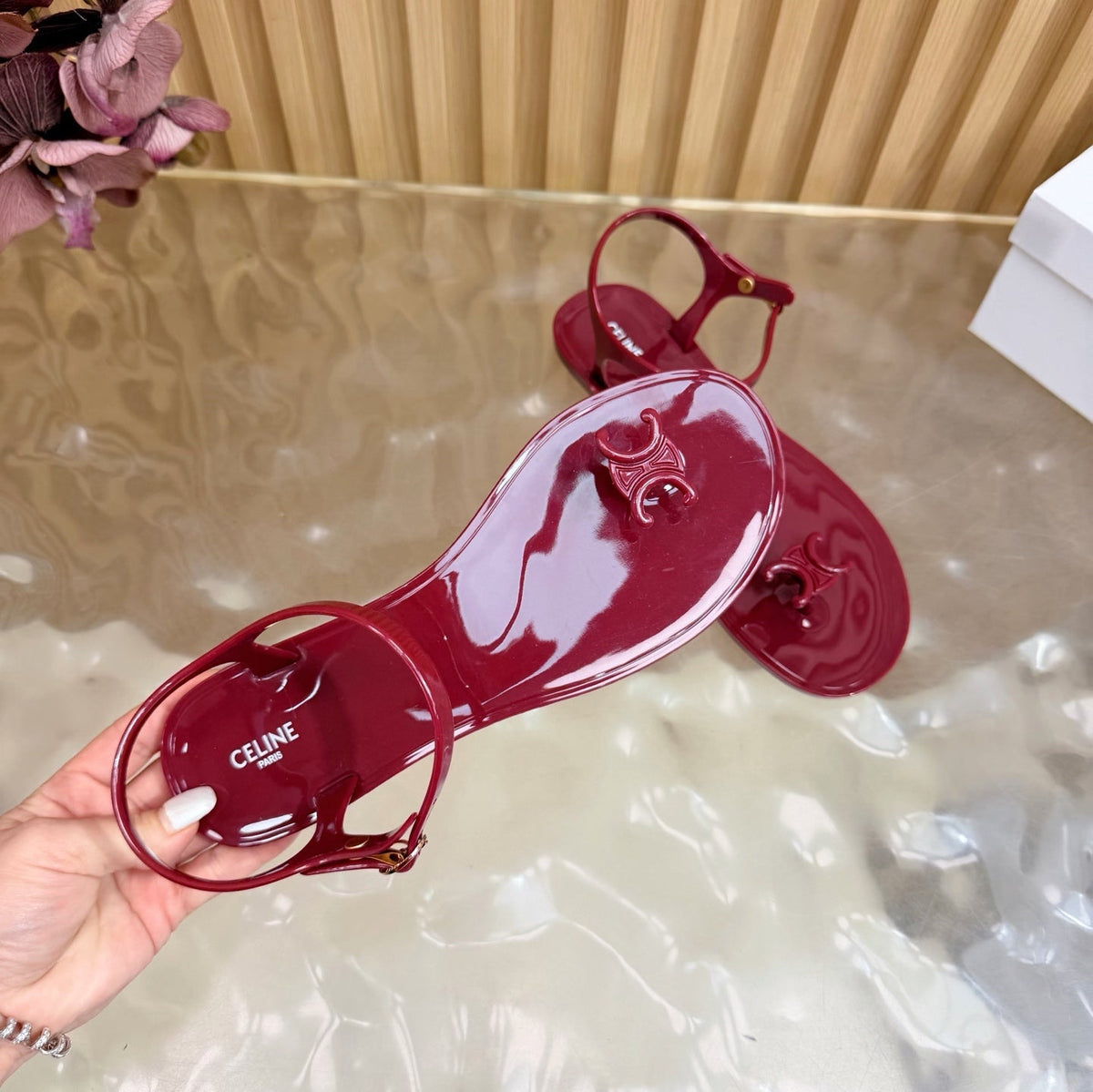 Celine 26s Triomphe Jelly Thong Sandals Burgundy Red TPU Gold Hardware 835219